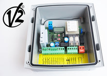 Load image into Gallery viewer, V2 remote control kit with two handsets/keyfobs for roller shutters and garage doors open showing connections