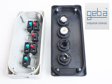 Load image into Gallery viewer, Geba lockable push buttons black plastic open showing connections 
